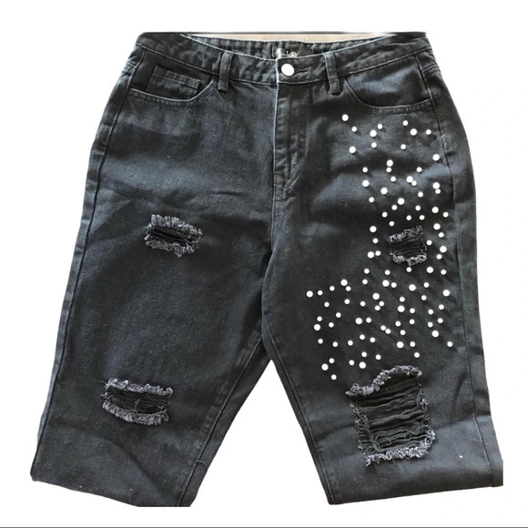 🛍️3/$40 Misguided  Distressed Black Denim Jeans Pearls Accents Size 8 - Picture 2 of 7